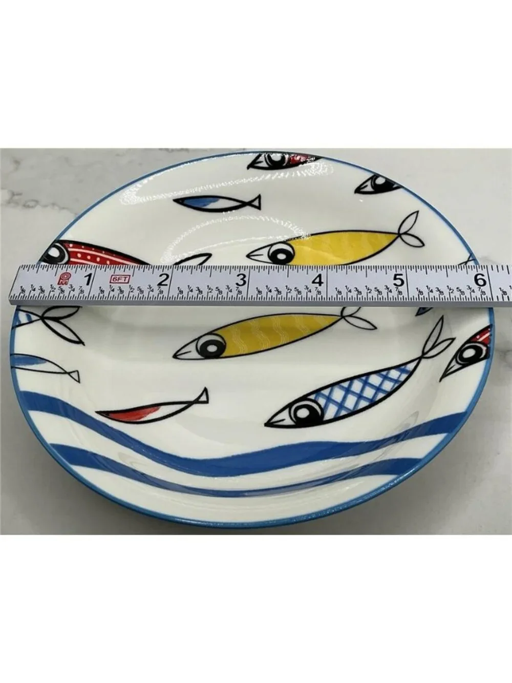 2 Signature Housewares Cat Bowl Fish School 6” Stoneware Blue Yellow Red New